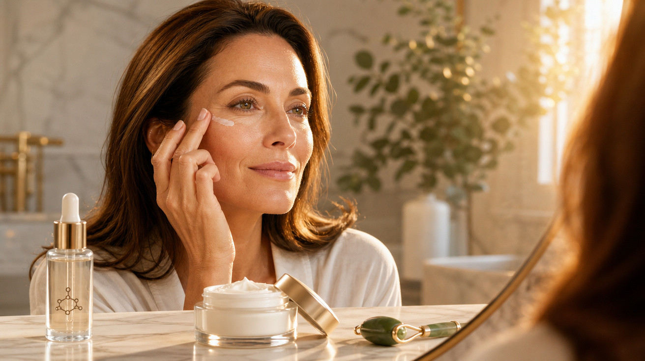 Femme appliquant une crème de soin visage devant un miroir, avec un flacon et un rouleau de jade sur la table.