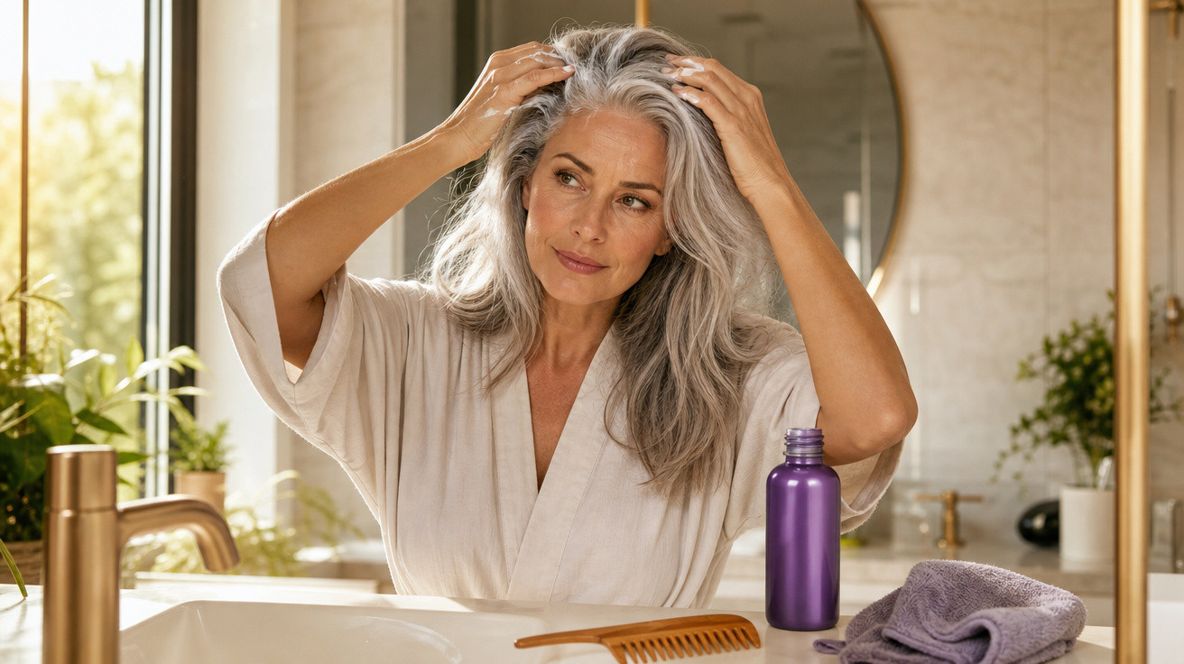 Femme aux cheveux gris longs se coiffant devant un miroir de salle de bain lumineuse avec des accessoires violets.