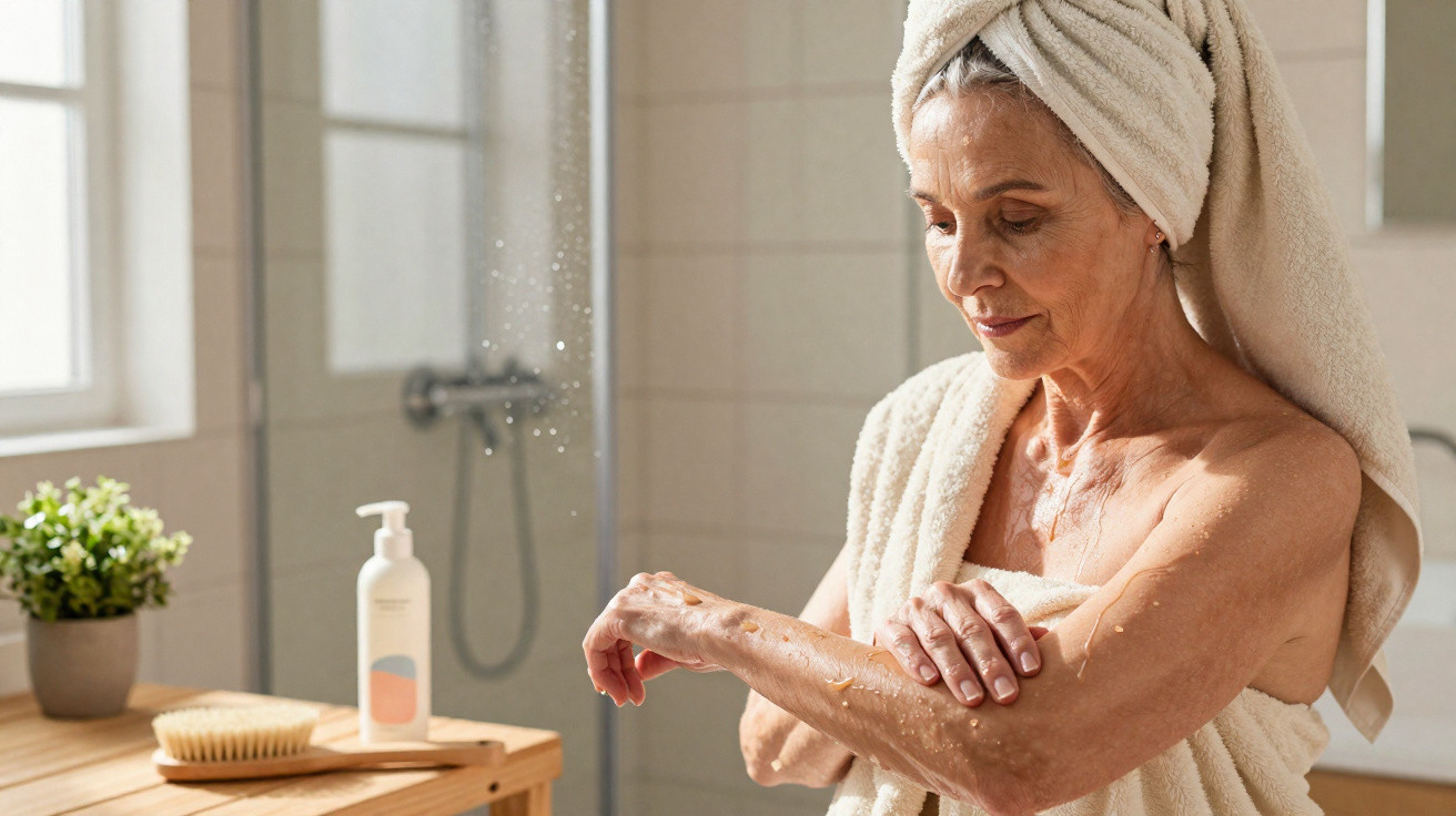 Femme mature avec une serviette sur la tête appliquant une lotion sur son bras dans une salle de bain lumineuse.