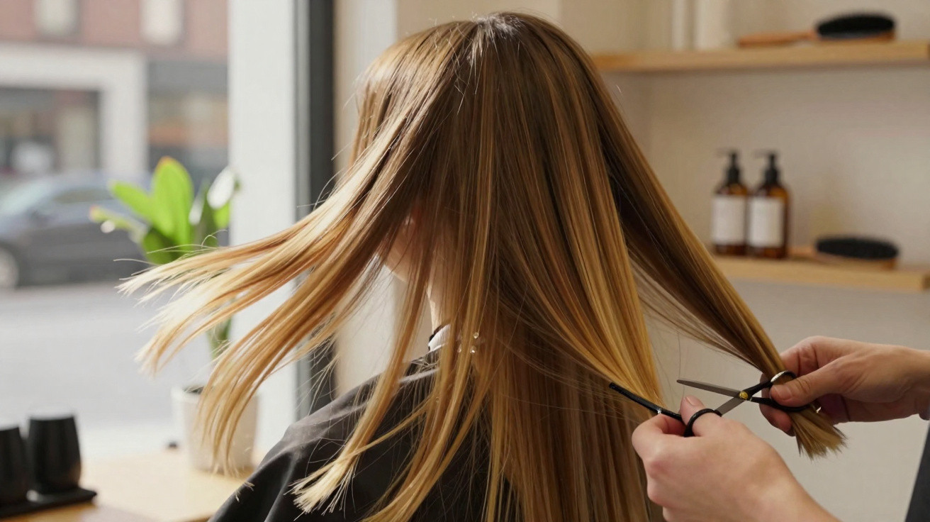 Coiffeur coupant les cheveux longs et blonds d'une cliente dans un salon lumineux.