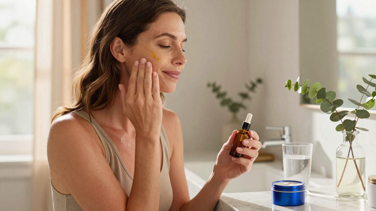 Femme appliquant un sérum visage dans une salle de bain lumineuse avec des plantes et un pot de crème bleu.