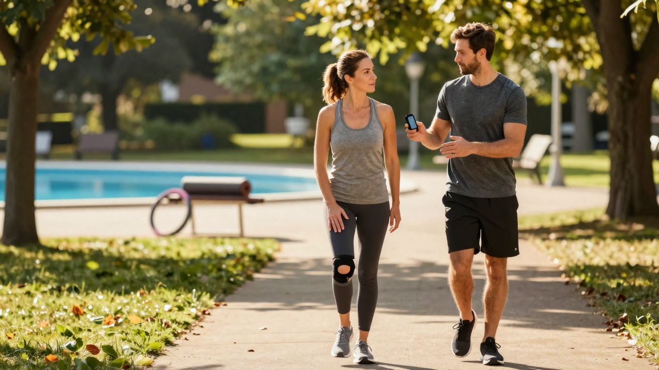 Un homme et une femme en tenue de sport discutent en marchant dans un parc ensoleillé près d'une piscine.