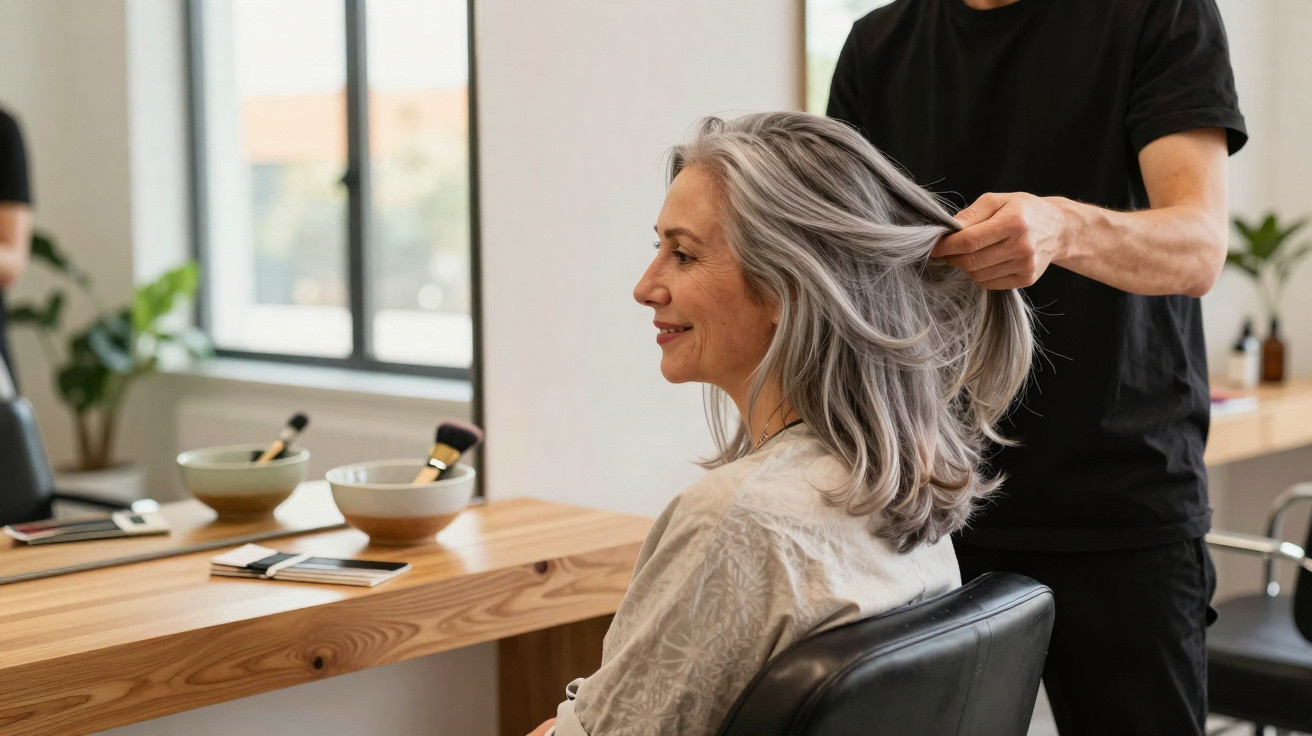 Une femme souriante aux cheveux gris longs assise chez le coiffeur, un professionnel touche sa chevelure.