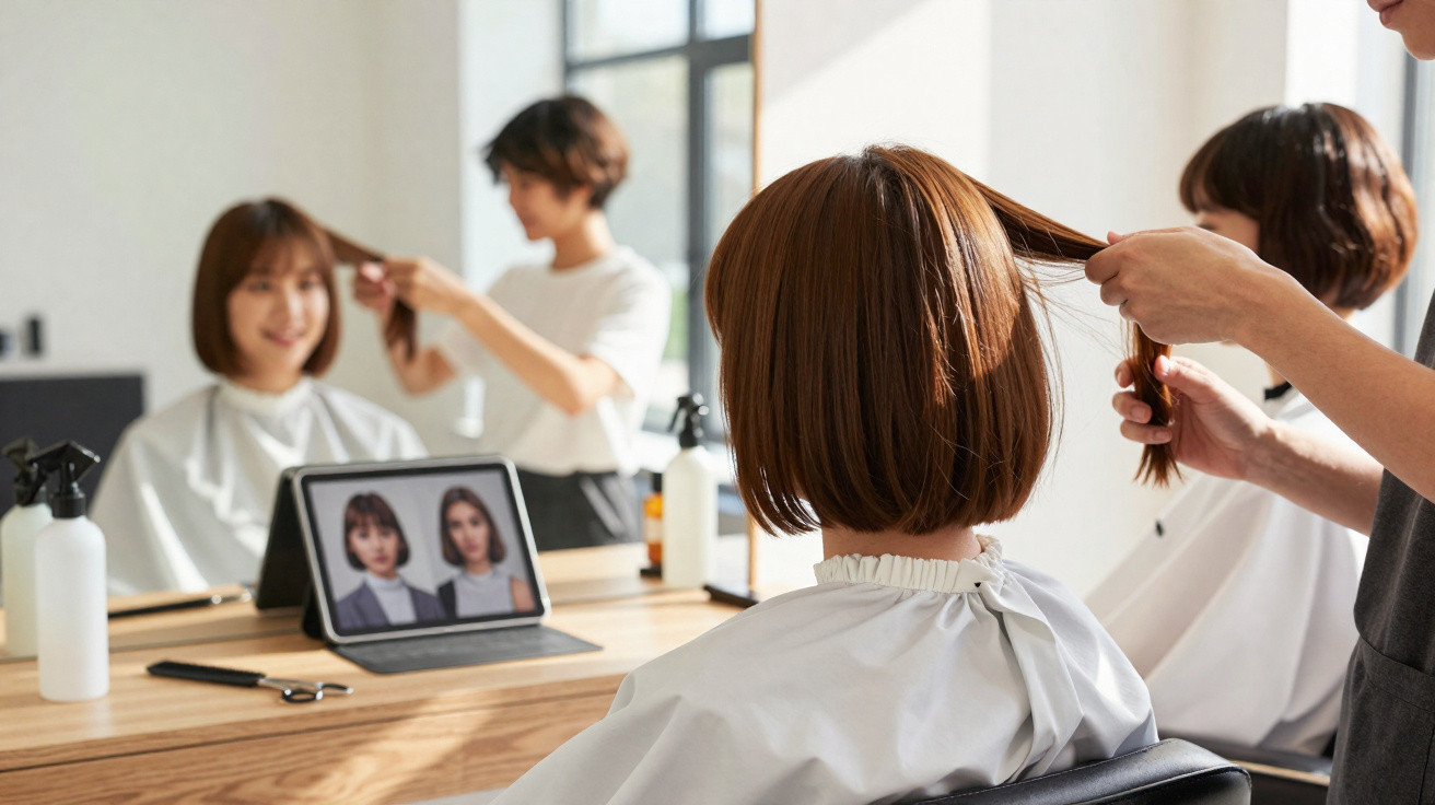Client et coiffeur sélectionnant une coiffure sur une tablette dans un salon lumineux.