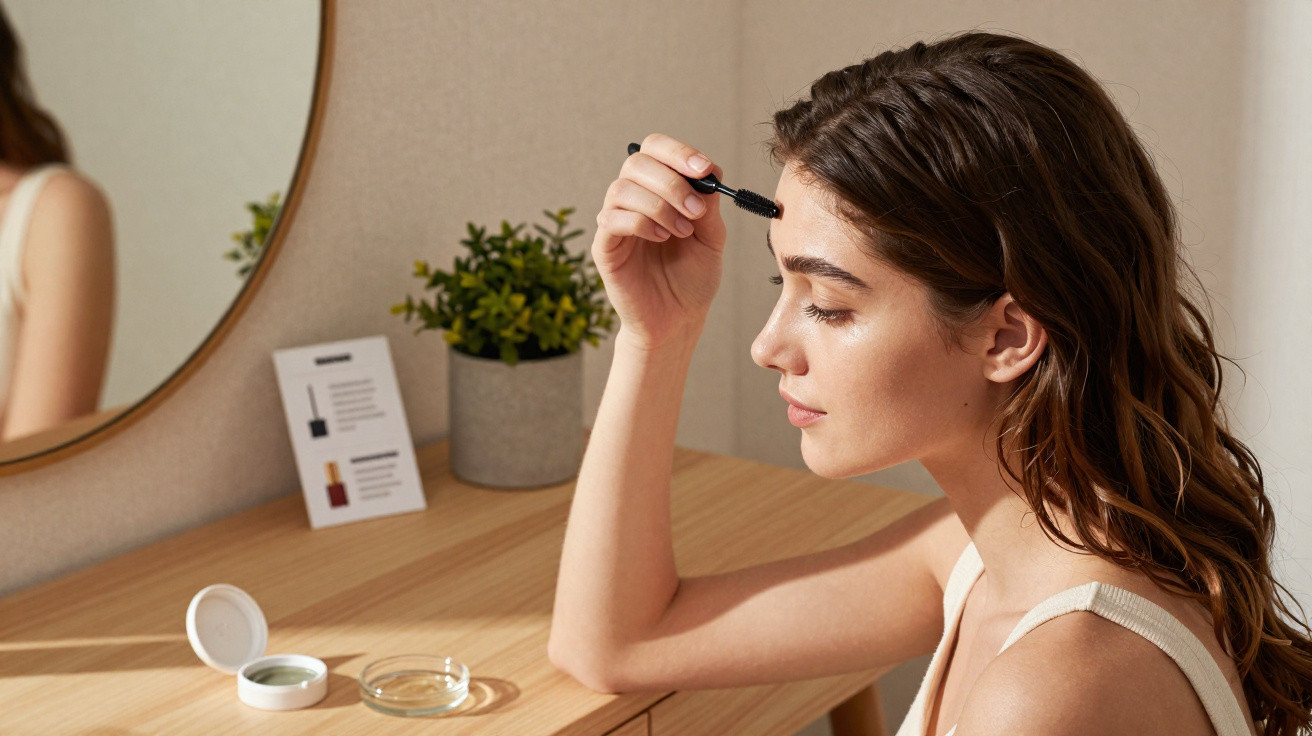 Femme appliquant du mascara devant un miroir sur une coiffeuse en bois avec plante verte.