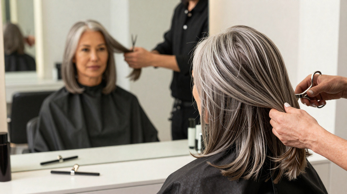 Femme aux cheveux gris coupés par un coiffeur dans un salon, reflet dans le miroir.