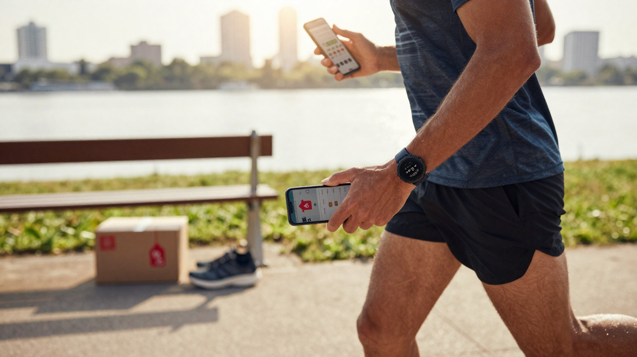 Homme courant en tenue sportive avec montre connectée, tenant deux smartphones en extérieur près d’un banc.