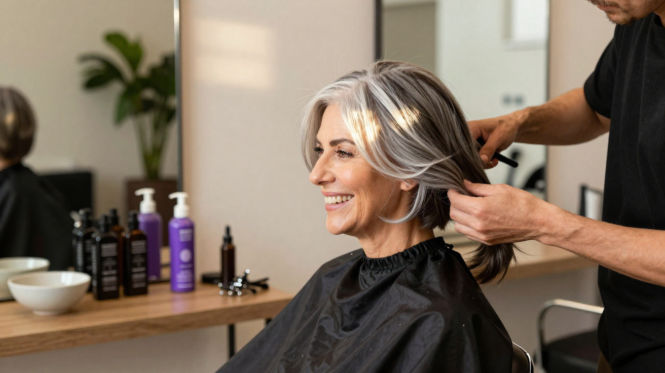 Femme souriante chez le coiffeur, assise avec cape noire pendant une coupe de cheveux grisonnants.