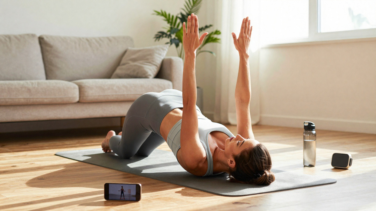 Femme en tenue de sport pratique le yoga au sol dans un salon lumineux avec tapis et smartphone.