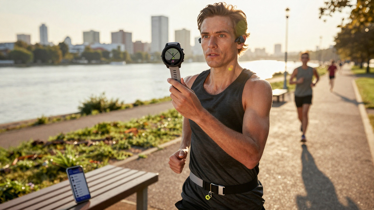 Homme courant près d’un lac surveillant sa montre de sport connectée au coucher du soleil.
