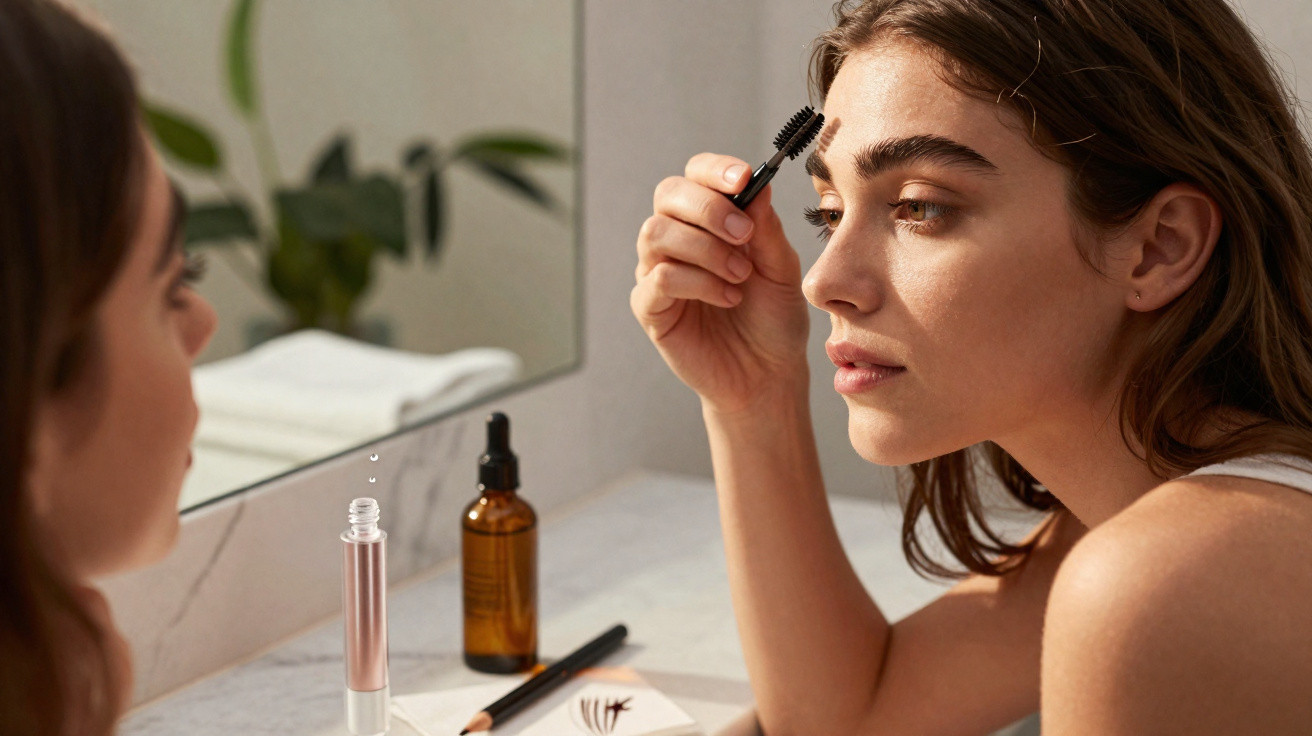 Jeune femme appliquant du gel à sourcils devant un miroir dans une salle de bain lumineuse.