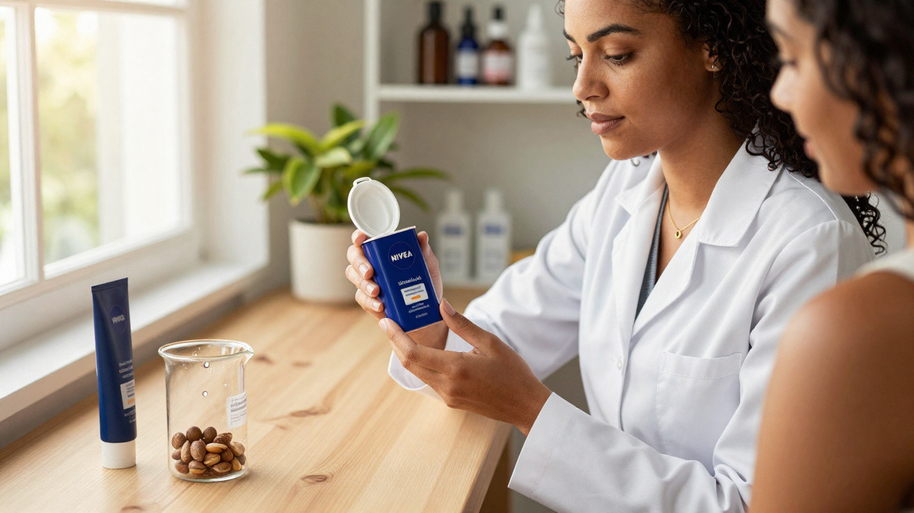 Deux femmes, l’une en blouse blanche, examinent un produit Nivea dans un laboratoire lumineux.