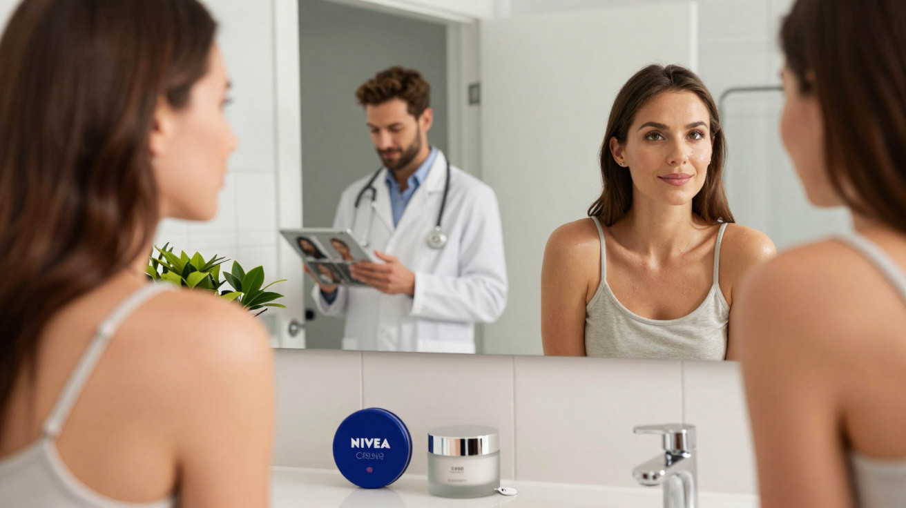 Femme regardant son reflet dans un miroir de salle de bain, un médecin en blouse blanche visible en arrière-plan.
