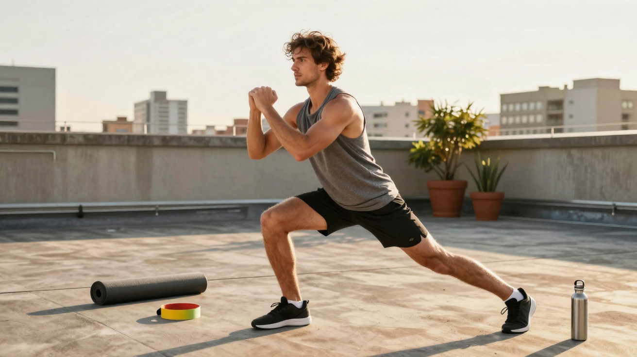 Homme faisant une fente d'exercice sur un toit avec tapis, sangle et gourde à côté au coucher du soleil.