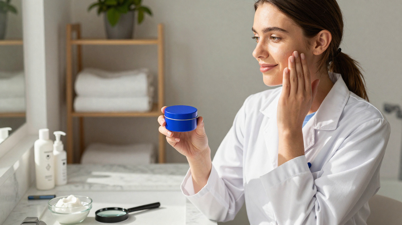 Femme en blouse blanche appliquant une crème hydratante sur son visage dans une salle de bain lumineuse.