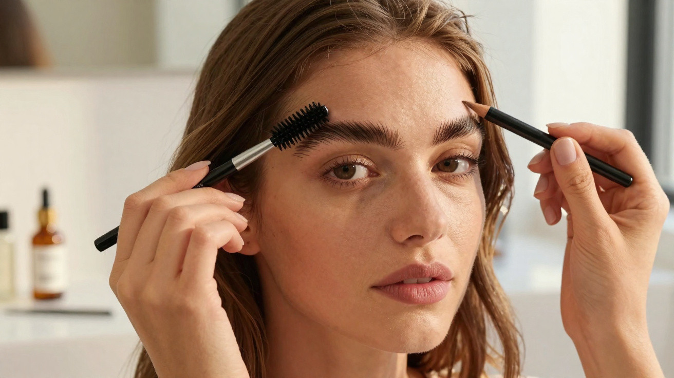 Femme maquillant ses sourcils avec un pinceau et un crayon dans une salle de bain lumineuse.