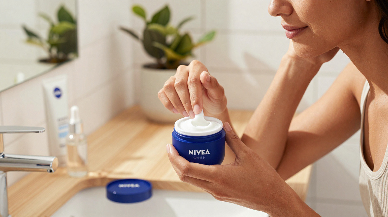 Femme prenant de la crème Nivea dans un pot bleu dans une salle de bain lumineuse avec plante en arrière-plan.