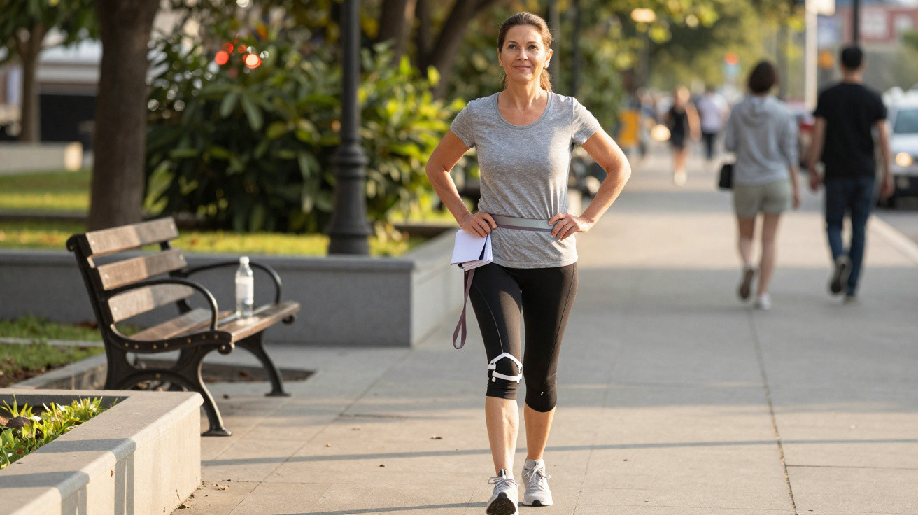 Femme marchant dans un parc urbain, vêtue de tenue de sport avec un genouillère et bloc-note à la main.