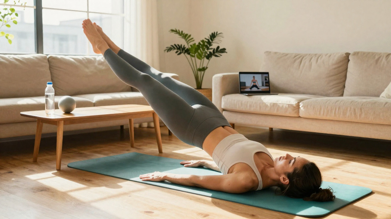 Femme fait des exercices de Pilates au sol dans un salon lumineux avec tapis et tablette en arrière-plan.