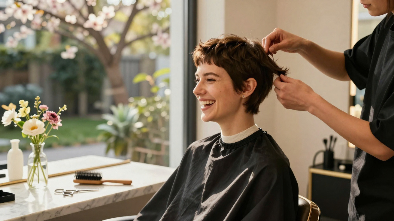 Jeune femme souriante recevant une coupe de cheveux dans un salon lumineux avec vue sur un jardin fleuri.
