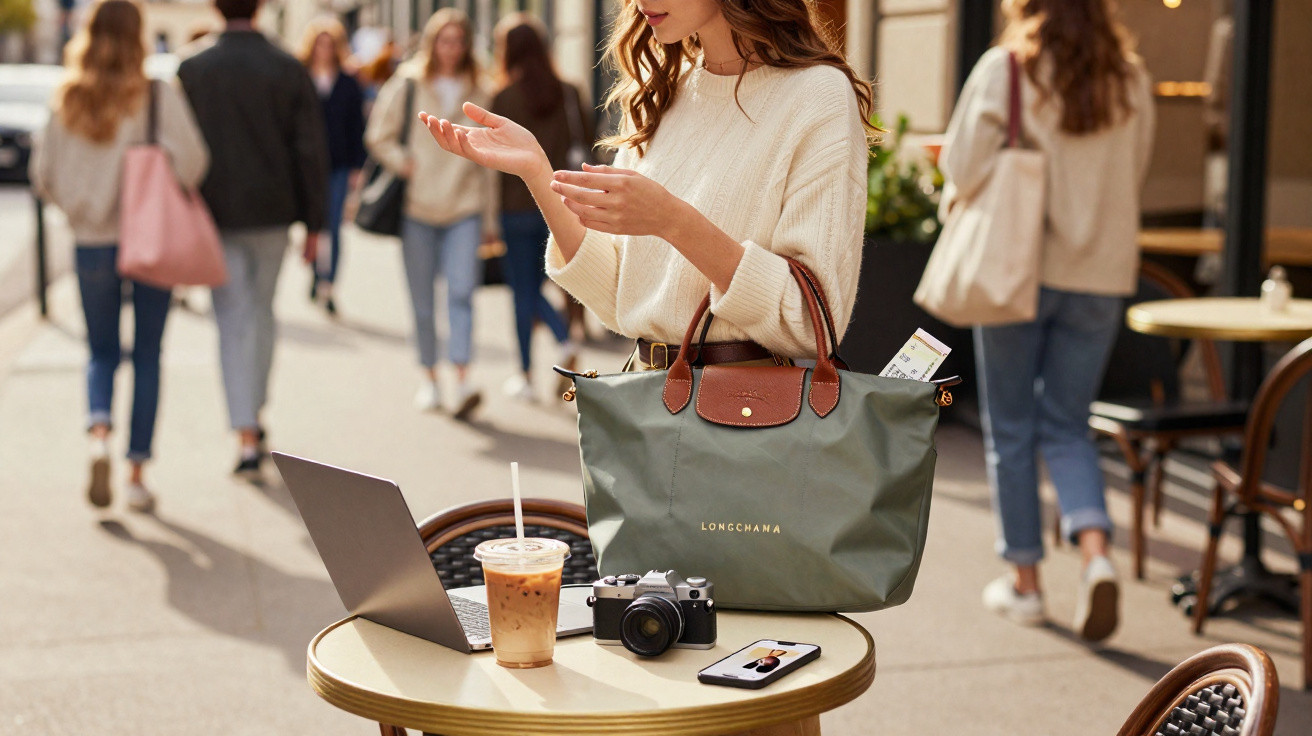 Femme debout près d'une table de café en terrasse avec ordinateur portable, sac à main, caméra et boisson glacée.