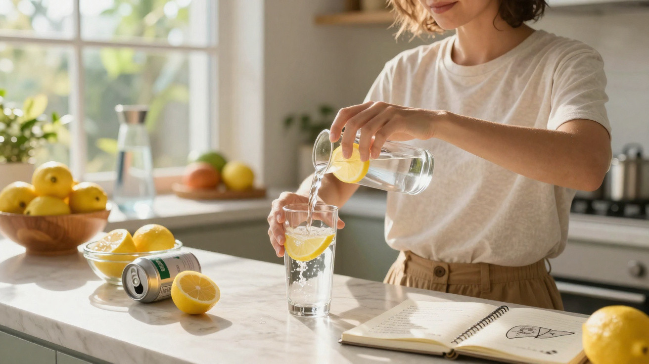 Femme versant de l'eau avec une rondelle de citron dans un verre sur un plan de travail lumineux.