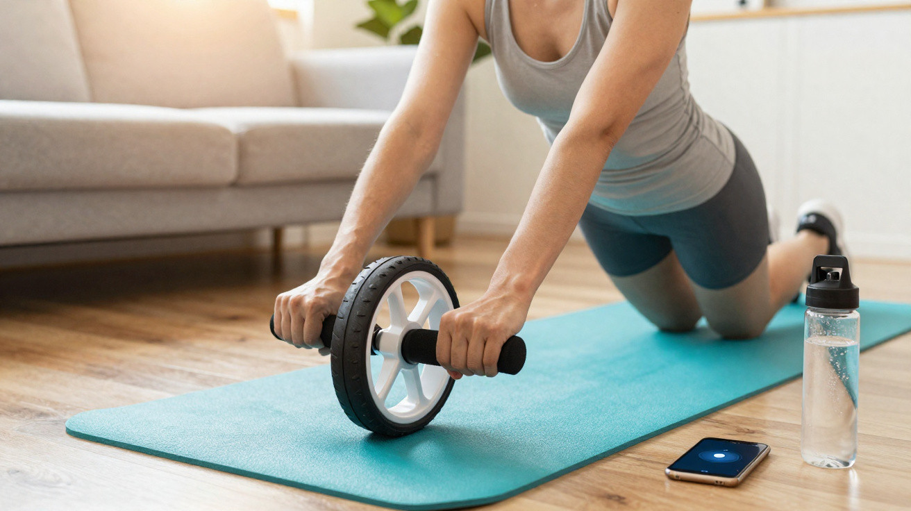 Personne en tenue de sport fait un exercice avec une roue abdominale sur un tapis bleu à domicile.