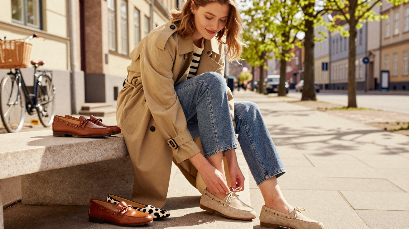 Femme assise sur un banc en extérieur, enfilant des mocassins beiges, veste beige et jean bleu.
