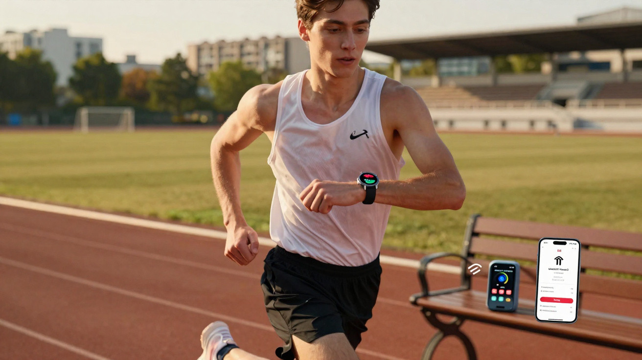 Jeune homme courant sur une piste d'athlétisme avec une montre connectée affichant ses performances sportives.