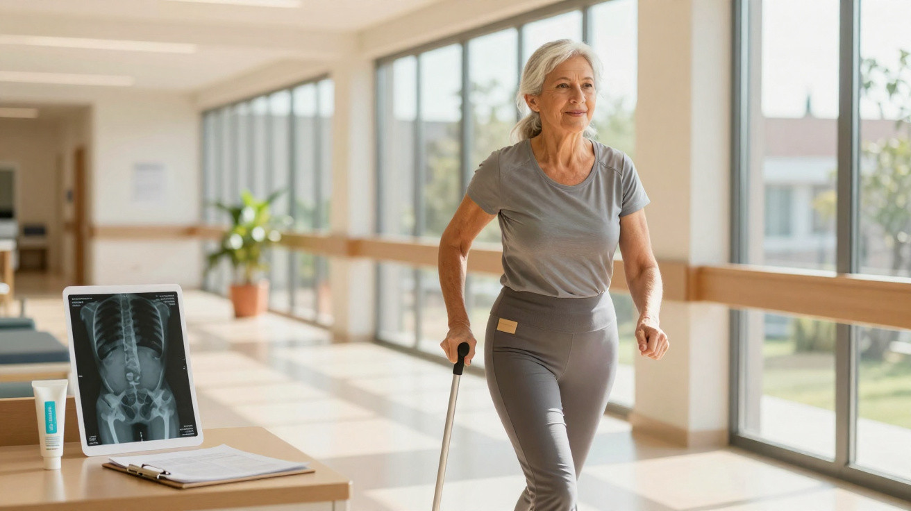 Femme âgée en tenue de sport marchant avec une canne dans un couloir lumineux d’hôpital ou centre de rééducation.