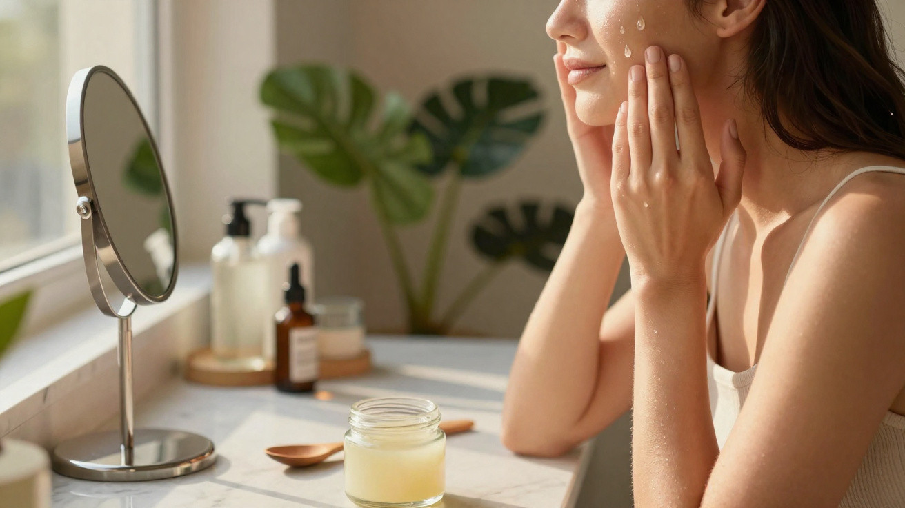 Femme appliquant une crème hydratante sur le visage près d’un miroir dans une pièce lumineuse avec plantes.