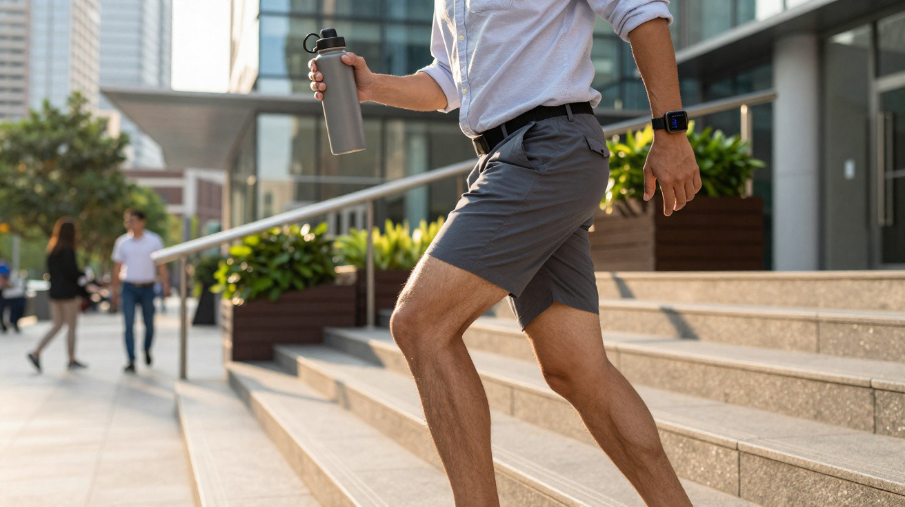 Personne montant des marches en ville, tenant une bouteille d'eau et portant une montre connectée.