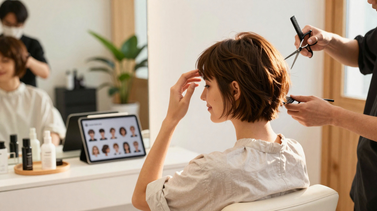Femme assise chez le coiffeur, choix de coiffure sur tablette, préparation à la coupe de cheveux.