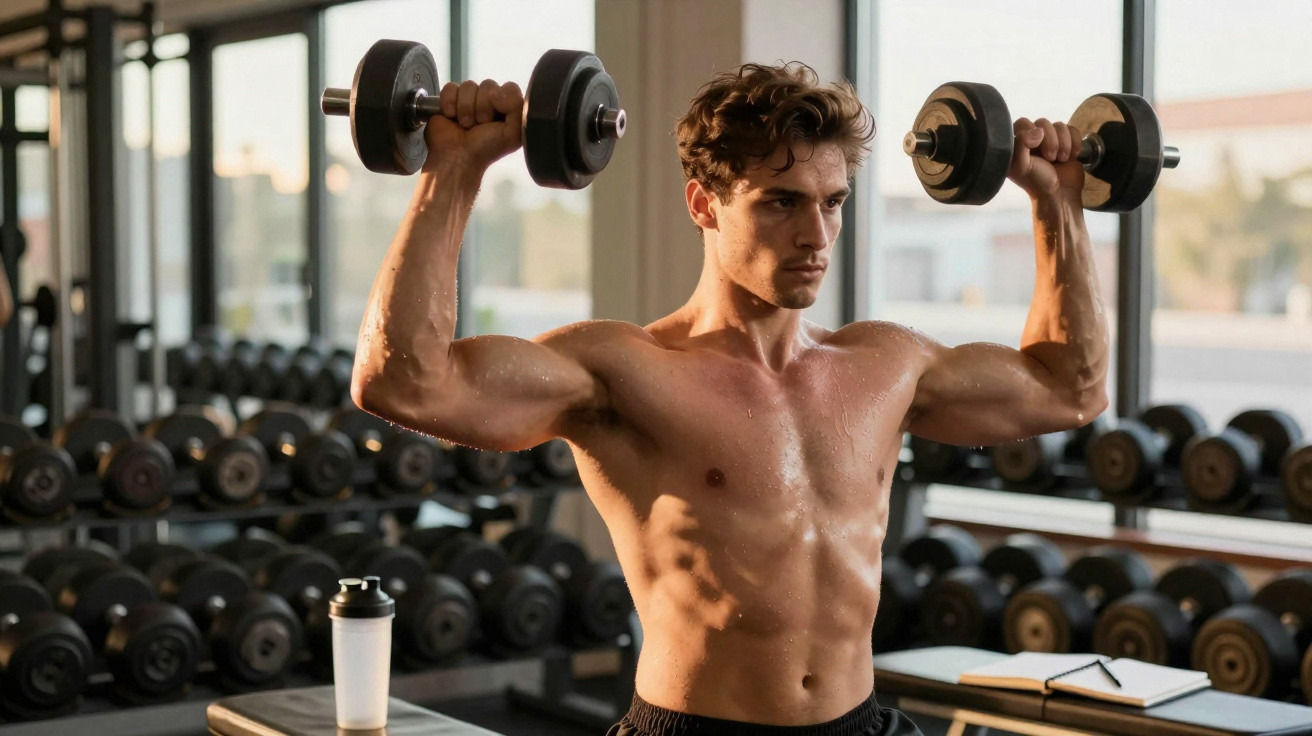 Jeune homme musclé s'entraînant avec des haltères dans une salle de sport lumineuse.
