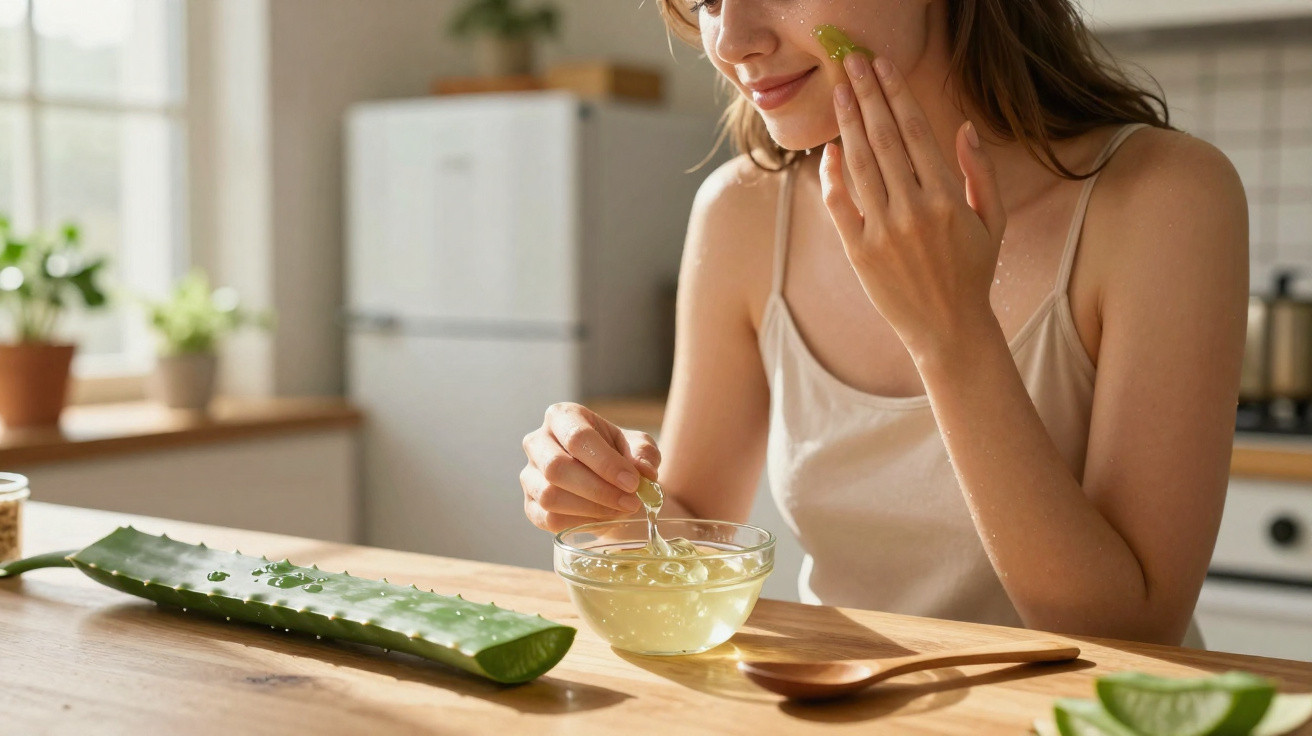 Femme appliquant un masque visage naturel à l’aloe vera dans une cuisine lumineuse.
