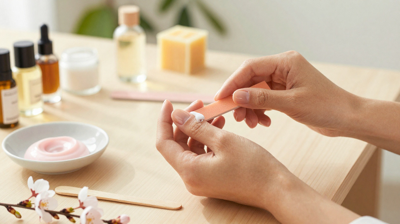 Mains féminines utilisant une lime à ongles avec produits de soin et fleurs sur une table en bois clair.