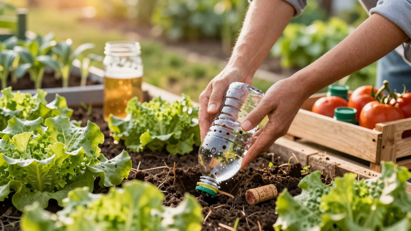 Une personne arrose des plants de salade dans un potager avec une bouteille en plastique réutilisée.