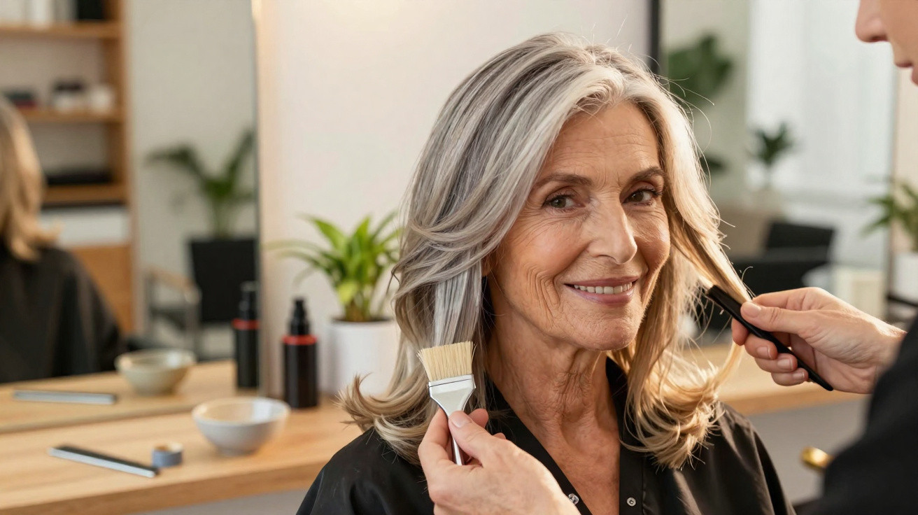 Femme âgée souriante recevant une coupe de cheveux dans un salon de coiffure lumineux et moderne.