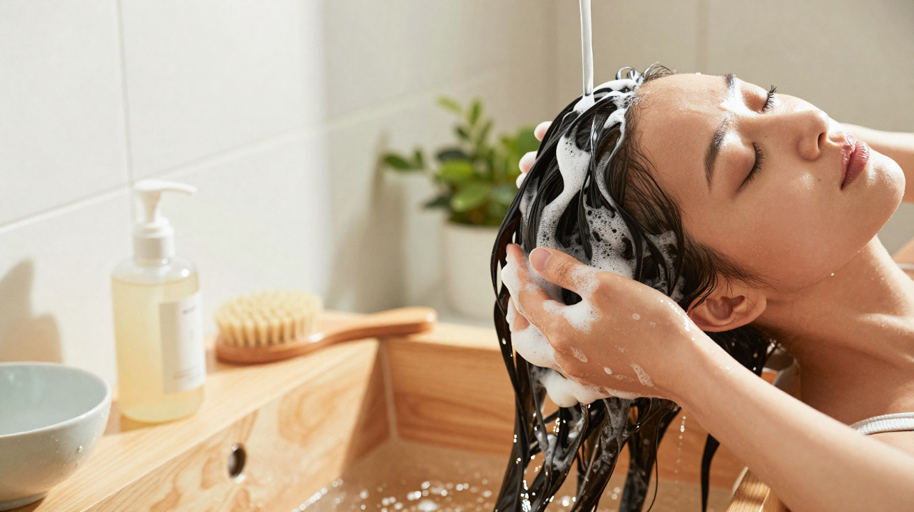 Jeune femme se lavant les cheveux avec du shampooing dans une salle de bain lumineuse en bois.