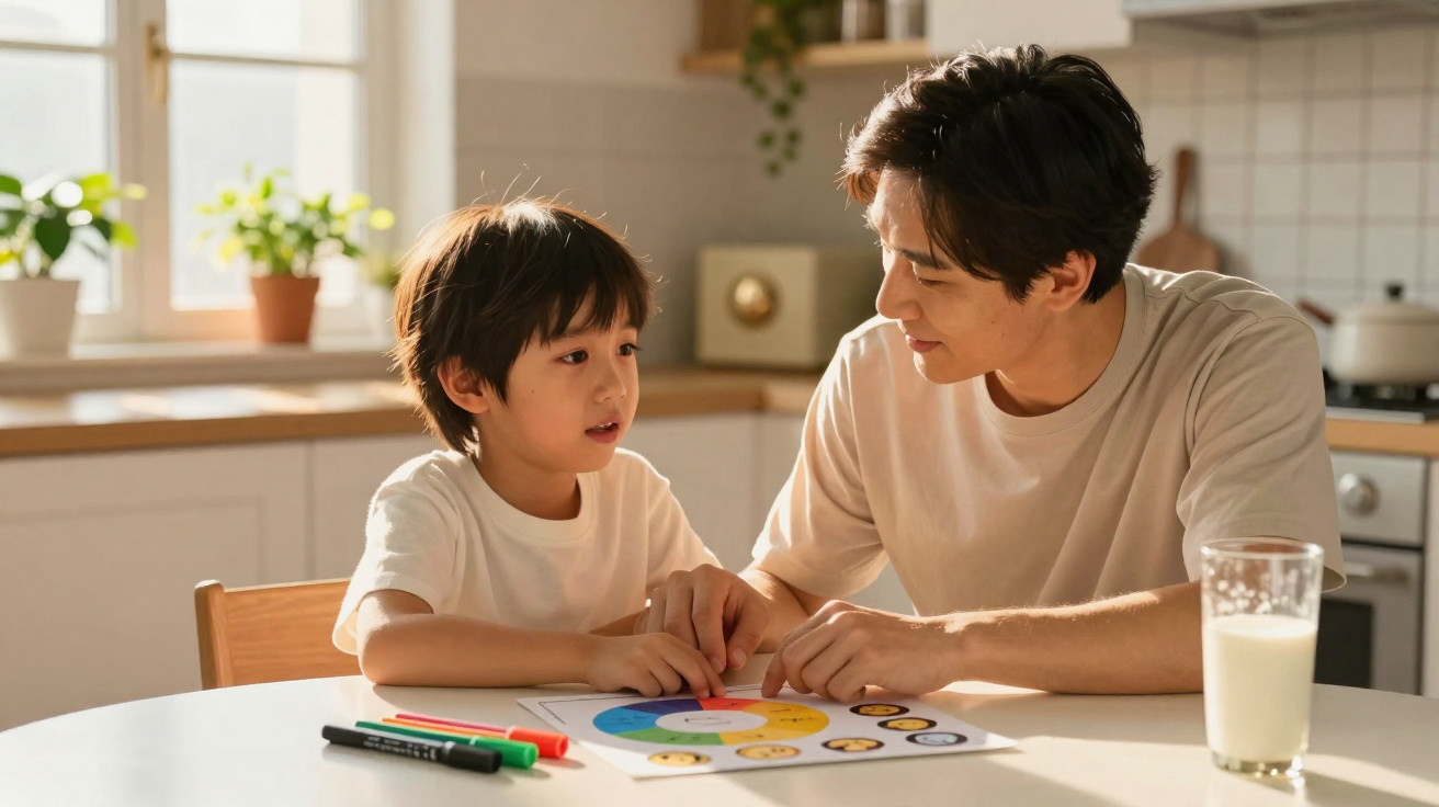 Un père et son fils discutent autour d'un graphique coloré dans une cuisine lumineuse.