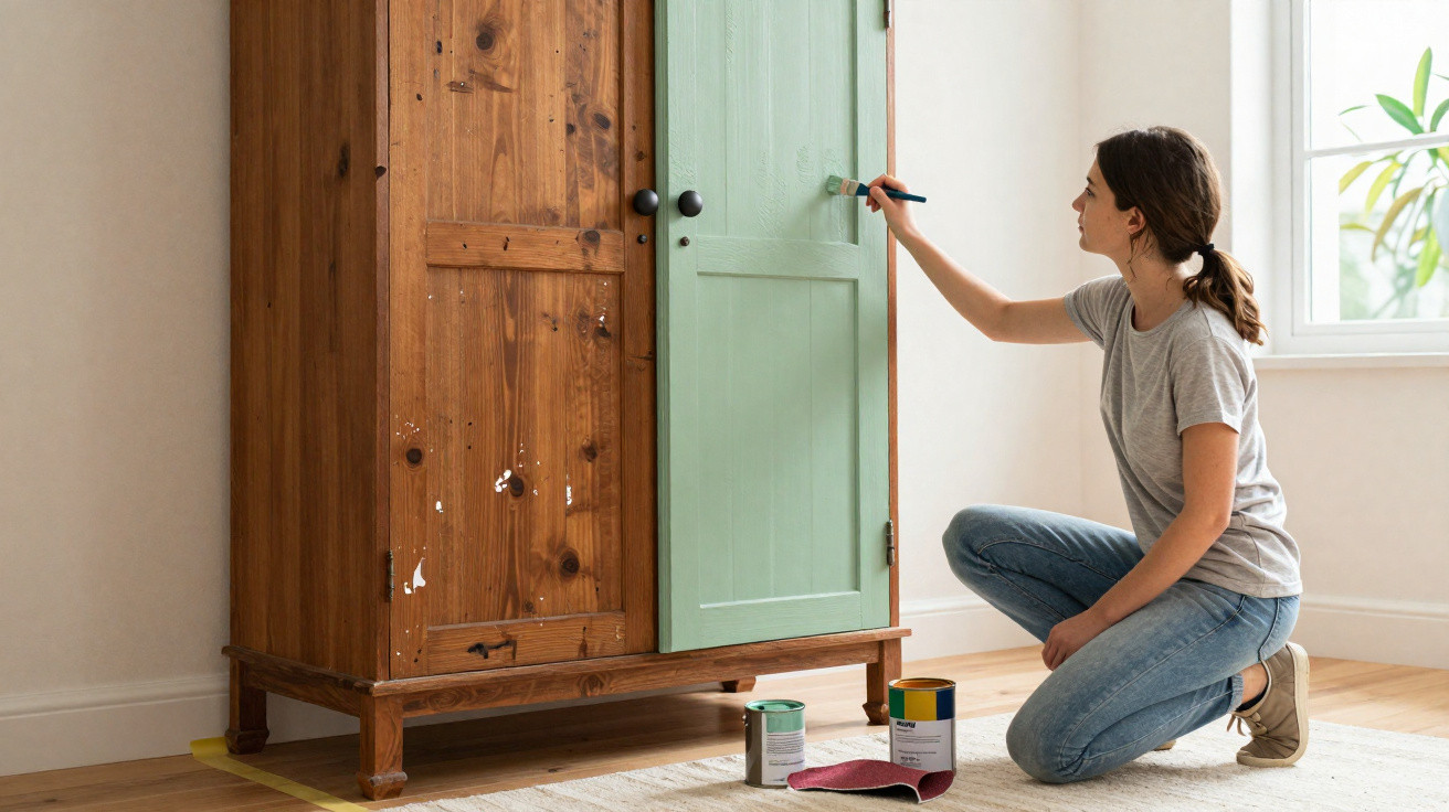 Femme en jean peint une porte d'armoire en bois en vert clair dans une pièce lumineuse.