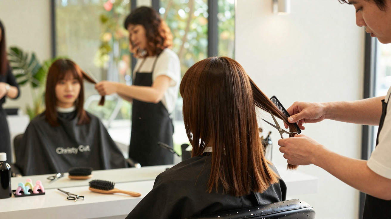 Clientes coiffées par des coiffeurs dans un salon moderne avec miroirs et outils de coiffure.