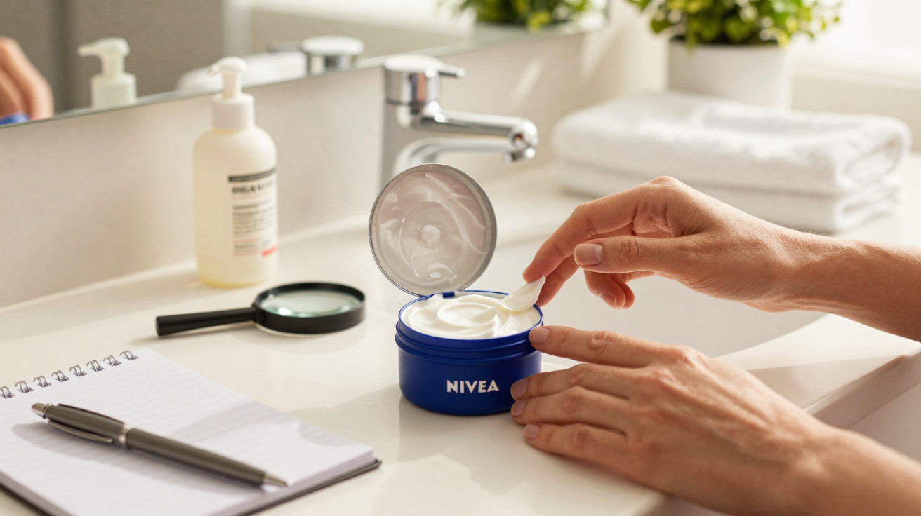 Mains prenant de la crème Nivea dans un pot bleu sur un lavabo blanc avec serviettes et carnet.