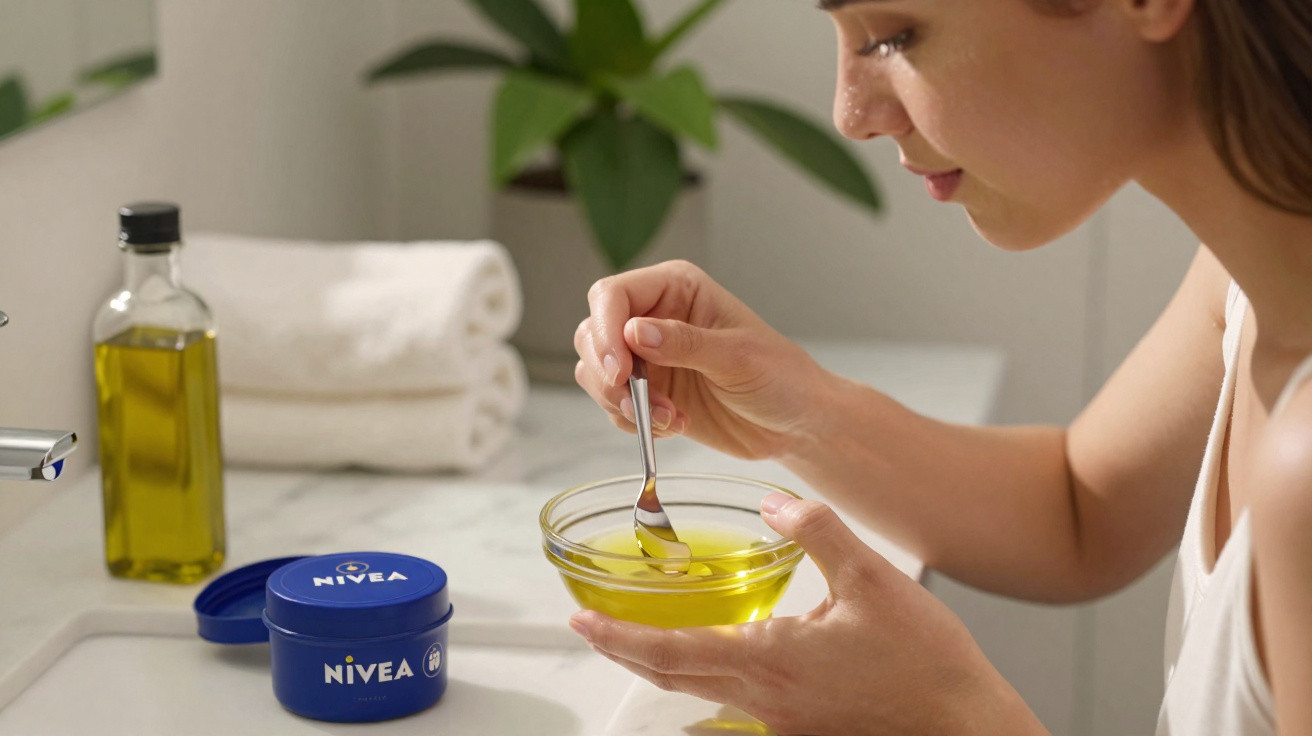 Femme préparant un soin maison avec de l'huile d'olive et un pot de crème Nivea sur une salle de bain lumineuse.