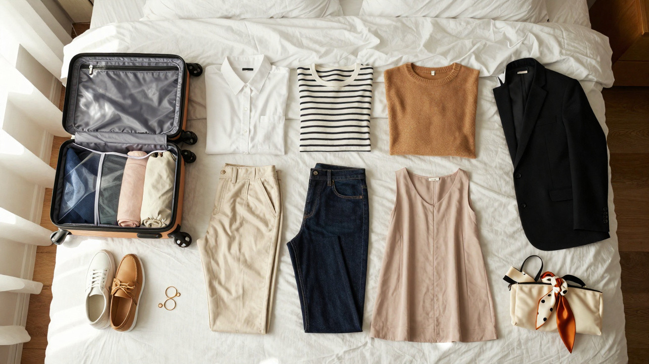 Valise ouverte et vêtements soigneusement pliés, incluant pantalons, chemises, chaussures, une veste noire et un sac à main s