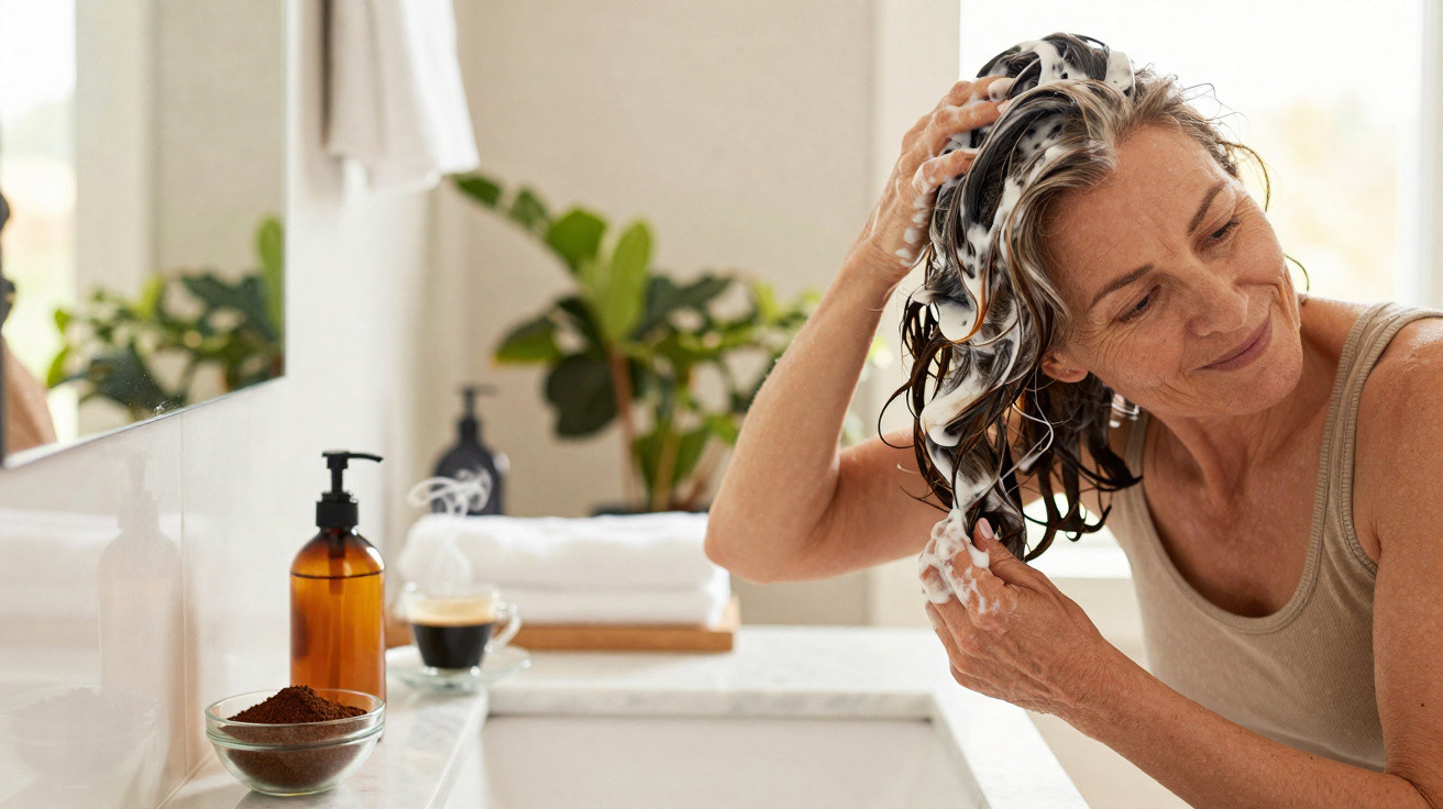 Femme se lavant les cheveux avec du shampooing dans une salle de bain lumineuse et végétalisée.