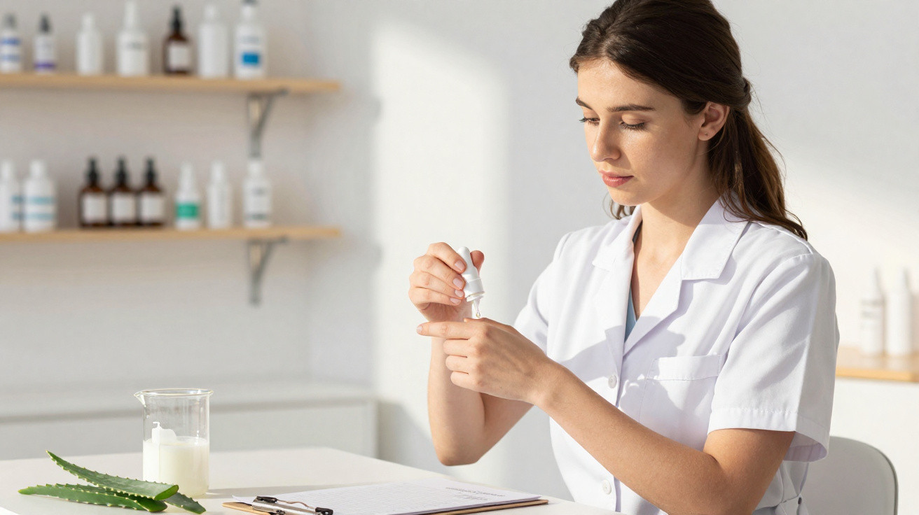 Femme en blouse blanche tenant un flacon compte-gouttes dans un laboratoire lumineux avec plantes et produits cosmétiques.