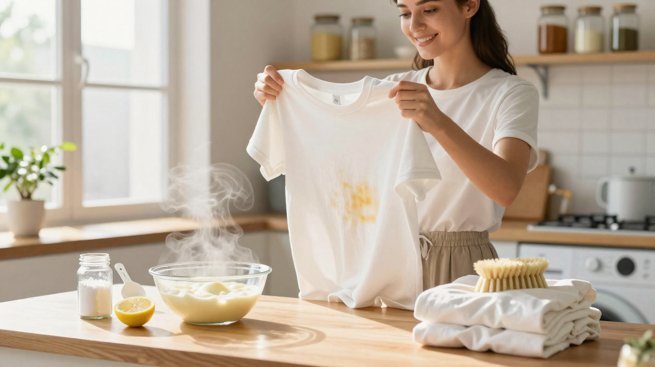 Jeune femme tenant un t-shirt blanc taché dans une cuisine lumineuse avec produits de nettoyage sur la table.