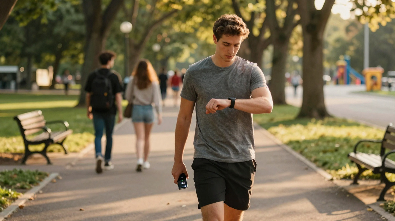 Jeune homme en tenue de sport regardant sa montre connectée en marchant dans un parc ensoleillé.