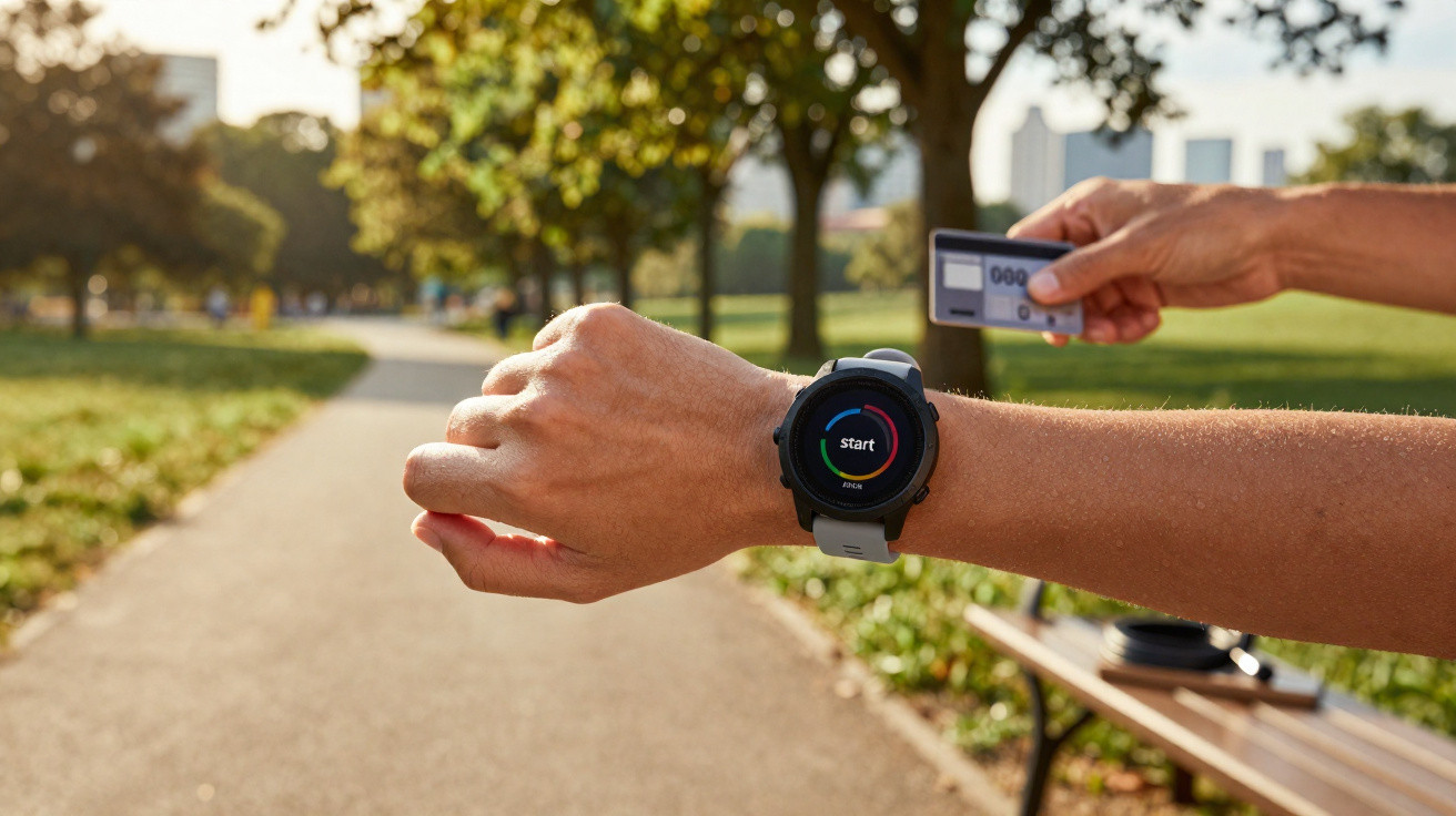 Poignet avec montre connectée affichant "start" lors d’une séance de fitness en extérieur dans un parc.